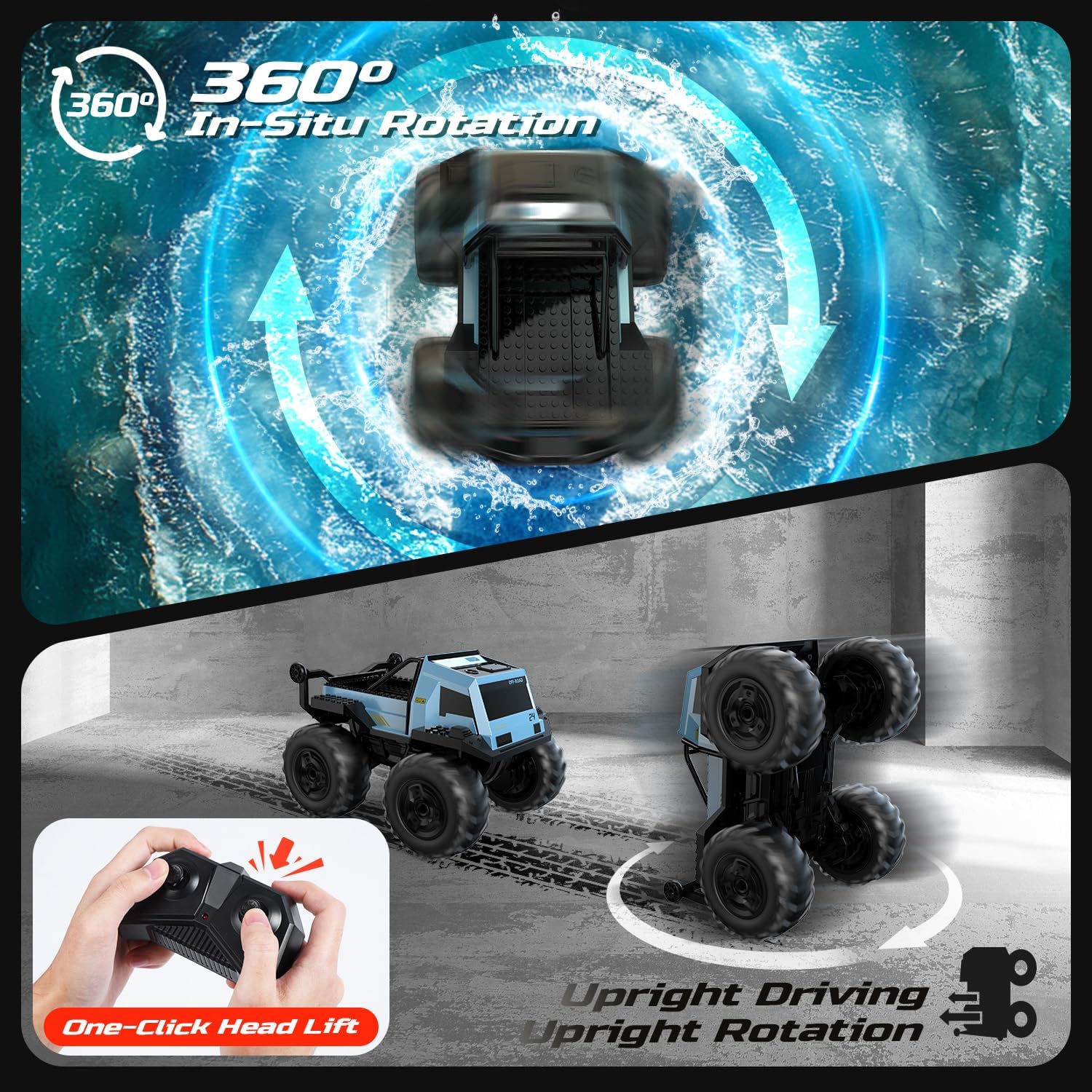 DEERC Amphibious Remote Control Car Monster Truck Toys Waterproof, RC Stunt Cars Toys W/Blocks & 360°Spin, 4WD All-Terrain Off-Road 60+ Min Playtime
