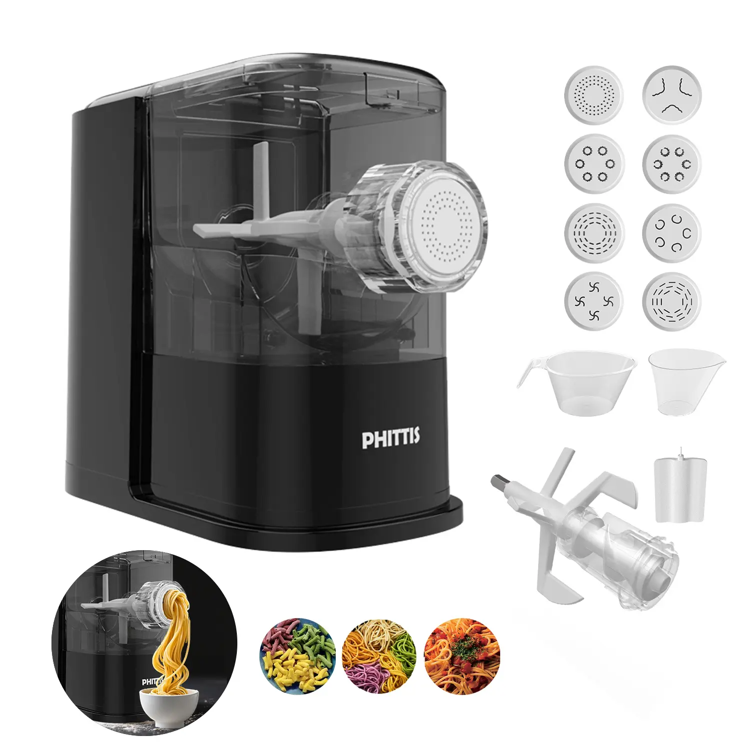 Electric Pasta Machine, Automatic Pasta Maker Machine Electric with 8 Discs for Spaghetti & Fettucine and More, Easy-to-Clean Noodle Maker with Measuring Cup, Cleaning Scraper and Flour Cup