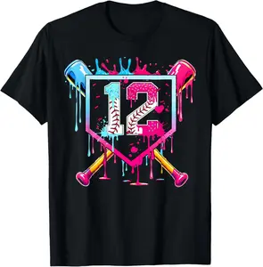 12th Birthday Boys Baseball Ice Cream Drip Boys Baseball T-Shirt Cotton Fabric