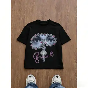 Men's Loose Fit Graphic Print T-Shirt, Y2K Style, Gem Embellished Eye Cross Pattern, All-Season Casual Wear, Unisex Street Fashion Streetwear