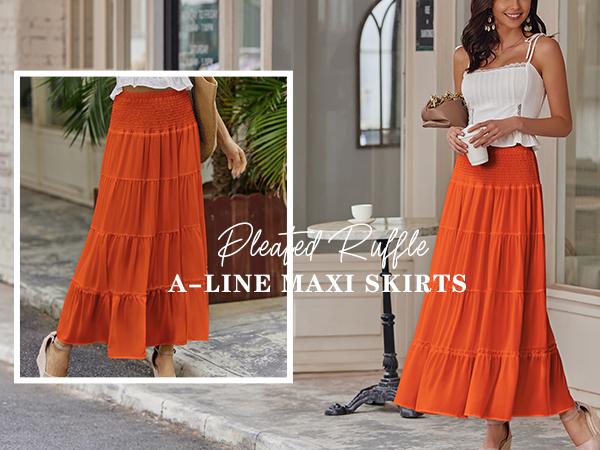 Women's Long Maxi Skirts Tiered Elastic High Waist Boho Double Layered Print A-Line Casual Midi Dress Women's Long Maxi Skirts Tiered Elastic High Waist Boho Double Layered Print A-Line Casual Midi Dress