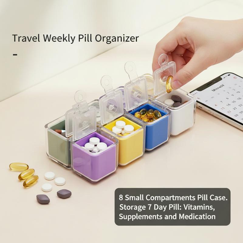 Weekly Pill Organizer 7 Day Travel Pill Case with Magnetic Closure Easy Open Portable Pill Box with 8 Compartments for Vitamins Medication Multicolor