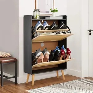2-Tier Flip-Down Shoe Cabinet, Natural Wood Color Slim Shoe Storage Organizer with Breathable Rattan Panel,Top Fence & Wood Legs for Entryway,Black