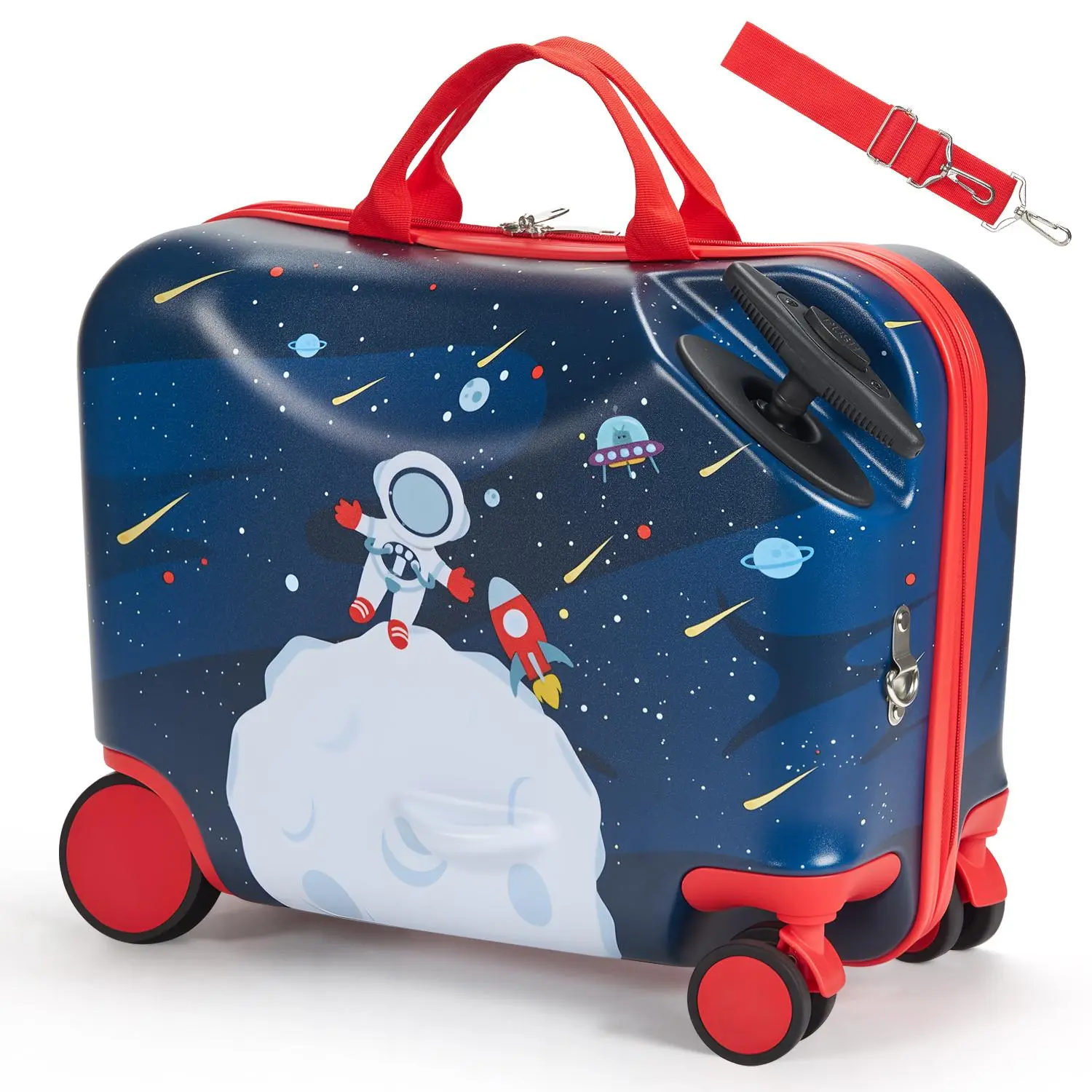 【Summerfinds】VEVOR Shell Ride-On Luggage for 4-6 Years Olds, Airline-Approved Size, 26L Capacity, 18in Tow-Along Toddler Carry-On with Wheels, Zip Closure, Synthetic Material, Adjustable Shoulder Strap, Lightweight Kids Suitcase (Blue & White)