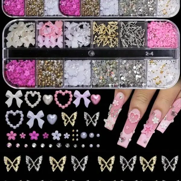 95pcs Nail Charms Set, 3D Y2K Nail Charms Set, Rhinestones, Pearls, Diamonds, Butterflies, Bows, Hearts & Flowers for Nail Art Decoration, Diy Rhinestone