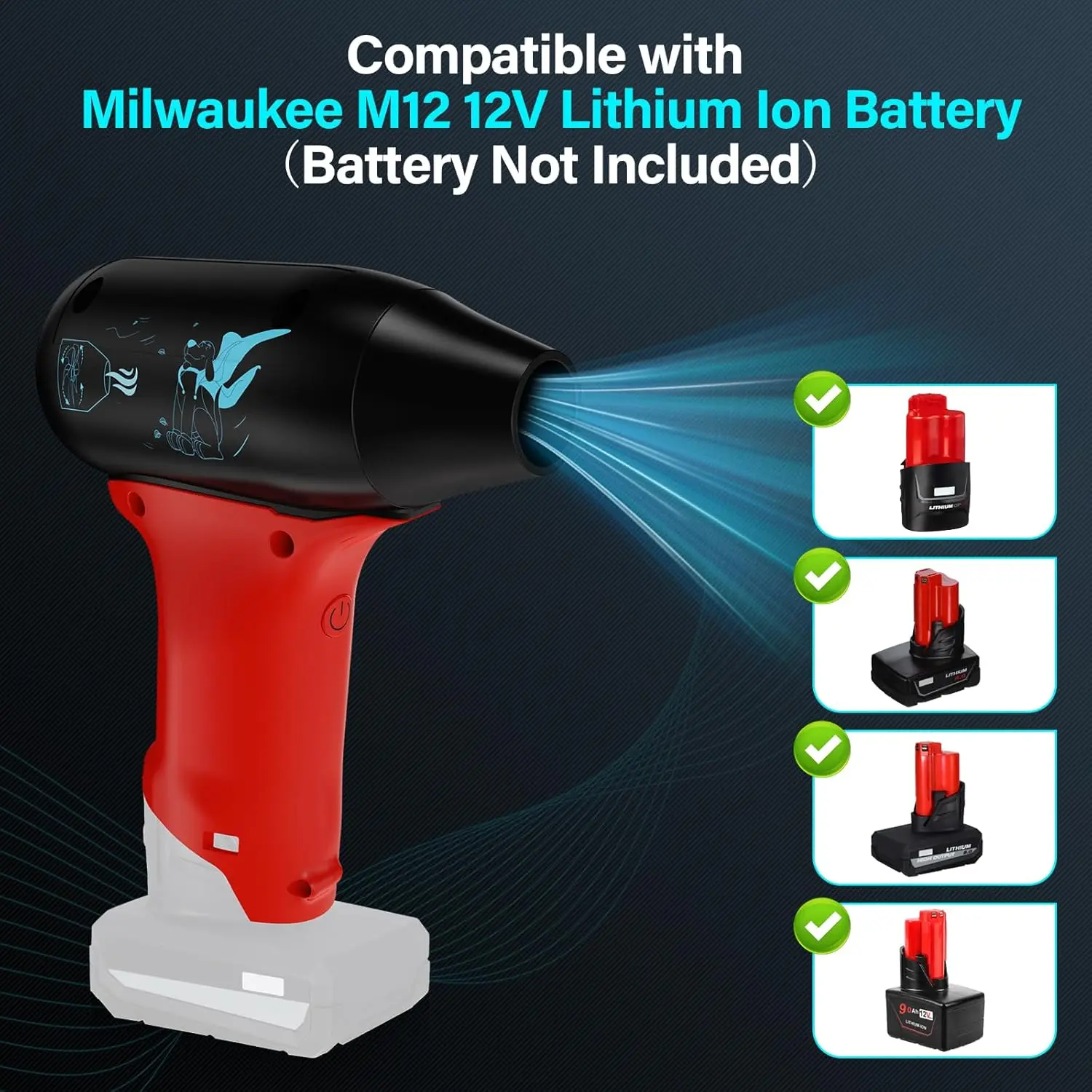 Cordless Portable Jet Dry Turbo Blower Fan for Milwaukee 12V M12 Series Battery, 130000RPM Adjustable Wind Speed Handheld Blower for Car Cleaning, Camping (Battery Not Included)