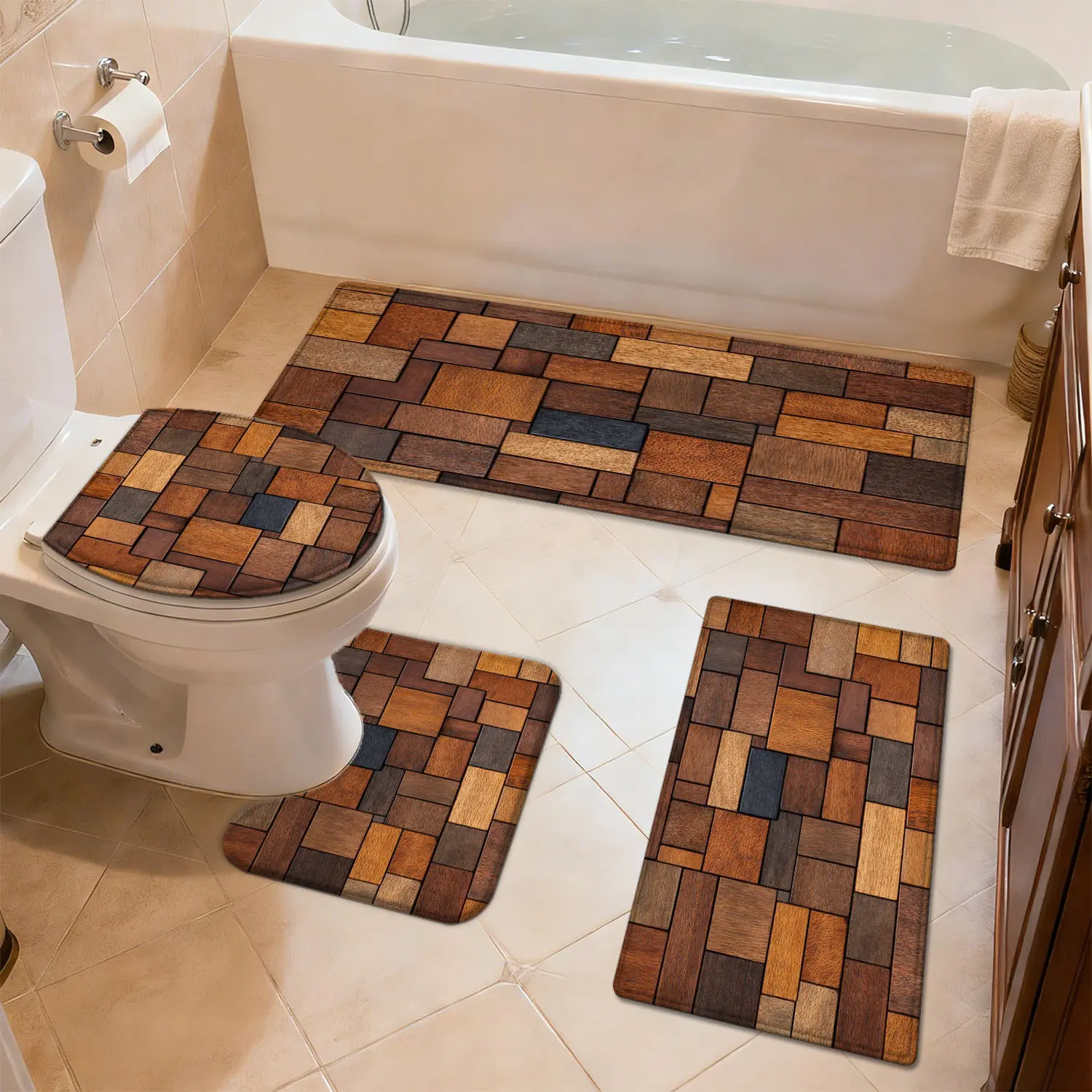 Joyfinity 3/4-Piece Anti-Slip Bathroom Decorative Mat Set - Square Geometric Puzzle Wood Pattern, Soft Thin Quick-Dry Absorbent Household Rug, for Shower Door, Toilet