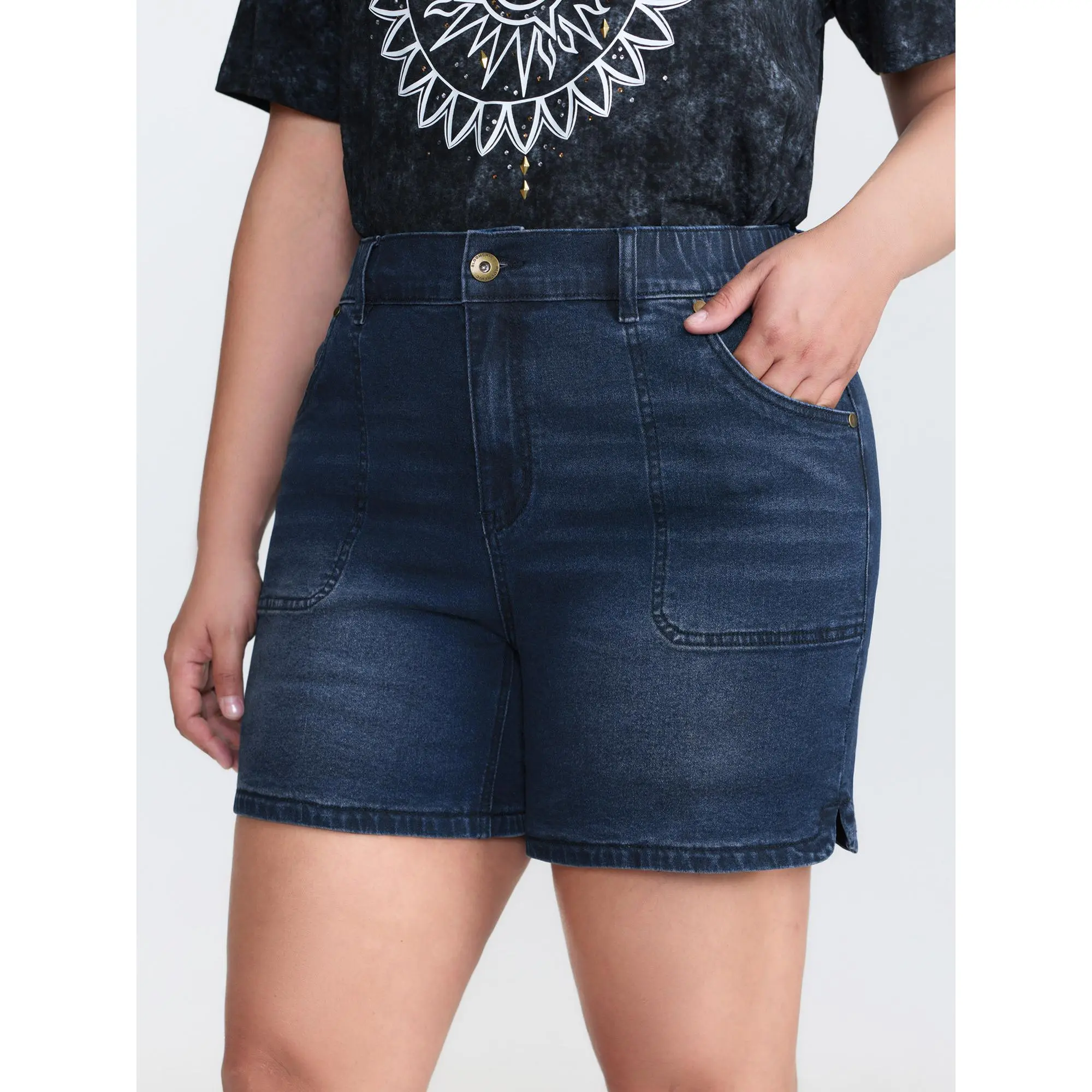 【Butt Lifting】BLOOMCHIC Plus Size Stretchy Fitted Mid-Rise Denim Shorts BBL [M-6X] Garment Women,Summerfinds
