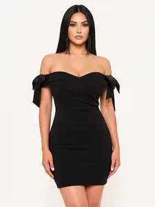 SATIN BOW ON SLEEVE OFF THE SHOULDER SYMPHONY MINI DRESS