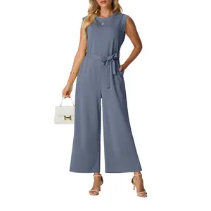 Lepunuo Jumpsuits for Women Dressy Casual Crewneck One Piece Overalls Wide Leg Jumpers Wrinkle-Free Tie Knot