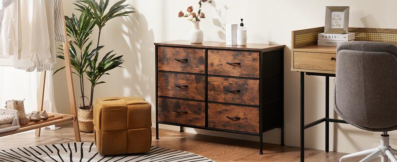 【Deal】Drawer Dresser Organizer Storage Drawers Fabric Dresser with 6 Drawers, Chest of Drawers with Fabric Bins, Long Dresser with Wood Top for Bedroom