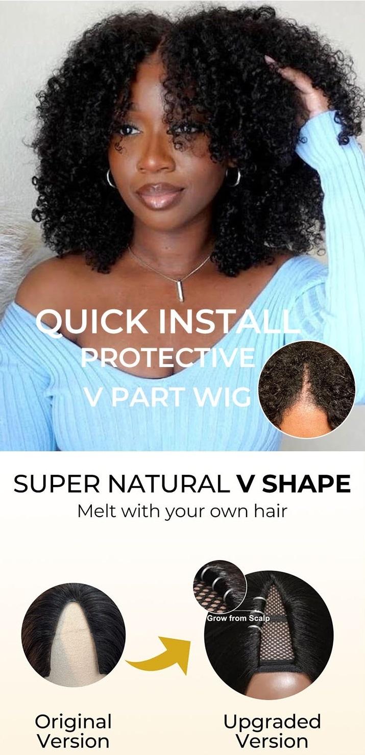 [Wequeen] 4C-Friendly Wear & Go V Part Wig Kinky Curly No Leave Out Glueless Human Hair Wigs for Beginner Protective Style - Natural Black #1b
