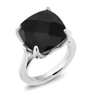 Gem Stone King 8.25 Cttw Black Onyx and White Lab Grown Diamond Engagement Ring For Women | 925 Sterling Silver | 14MM Cushion Checkerboard | Wedding Engagement Anniversary Ring For Women