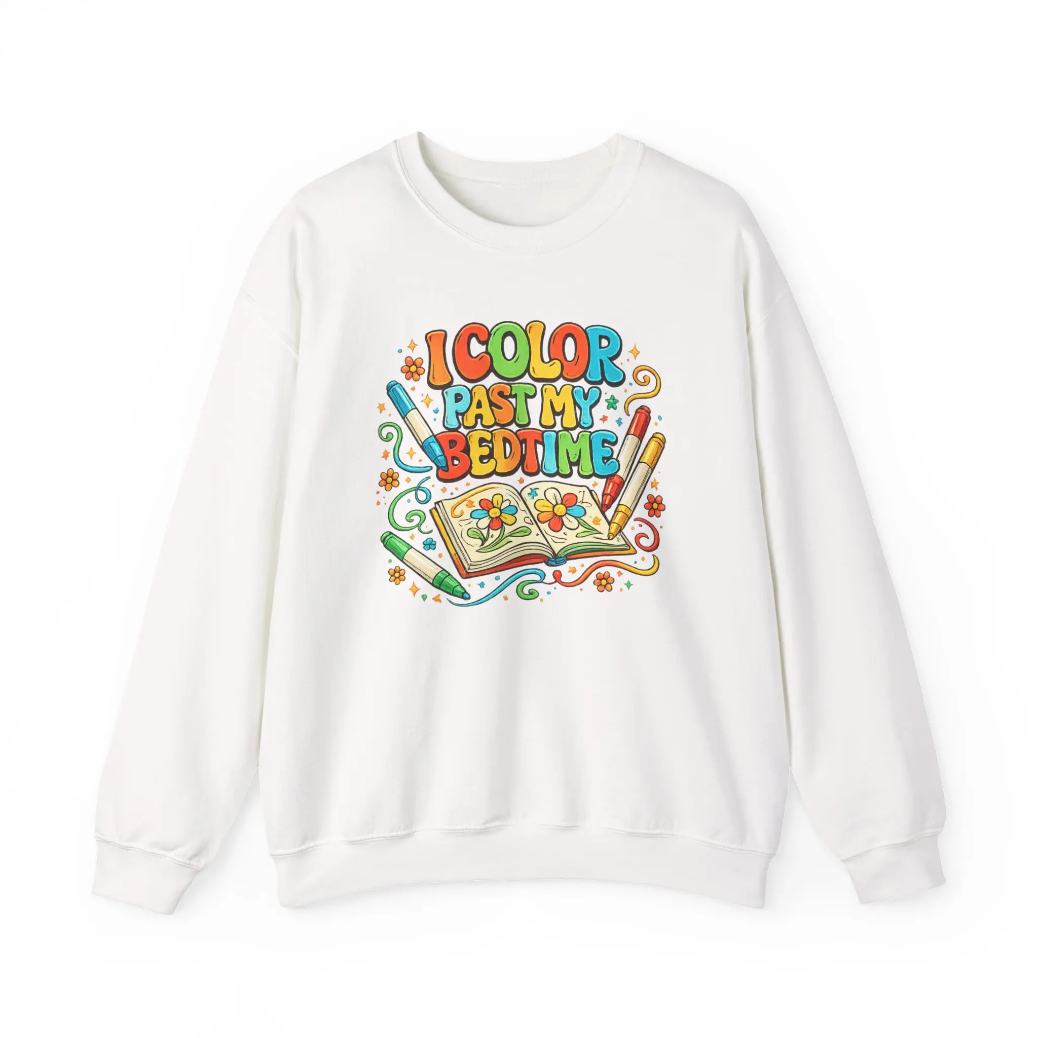 Men's Classic "Past My Bedtime" Coloring Book Artwork Embroidery Crewneck Sweatshirt - Menswear, Soft Cotton Knit, Smooth Ribbed Fabric Top for Layering, Artwork Men's Sweatshirts, Pullover, Dtf Print, Classic Cut, Casual, Long Sleeve, Cold Wash, Casual O