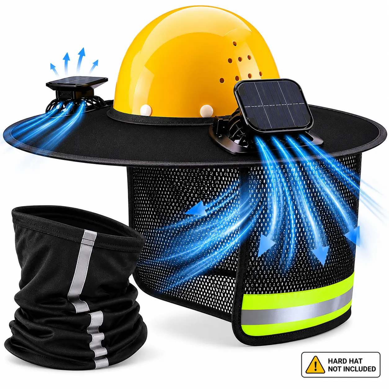 Hard Hat Sun Shade, Full Brim High-Visibility Mesh Visor with Dual Solar Powered Fans, 3-Speed Rechargeable Cooling Ventilation and Neck Gaiter for Landscaping & Outdoor Work, Sun Visor, Mesh Fabric