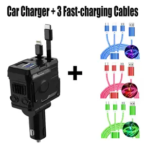 66W Fast Charging Car Charger: 2 Retractable 4-in-1 Cableand 2 USB-C USB-A Por for iPhone 17/16/15/14/13/12, Samsung & iPad. Digital Display & Dual Expansion，Gift