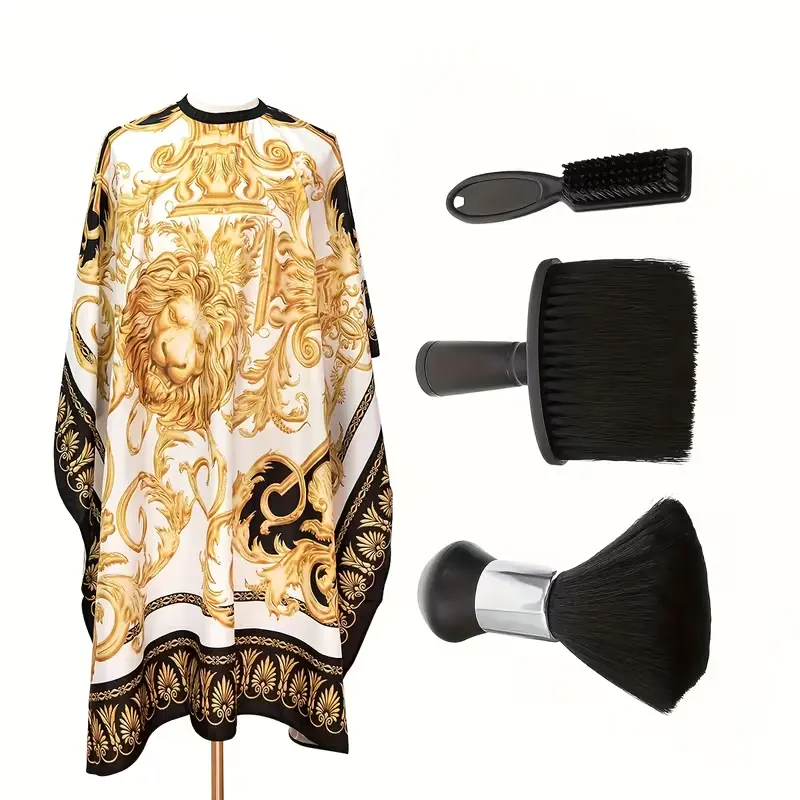 4-Piece Barber Cape Kit with Vintage Lion Design, Includes 3 Neck Dusters and Smooth, Lightweight Waterproof Apron for Professional Haircare, Luxury, Durable, Elastic