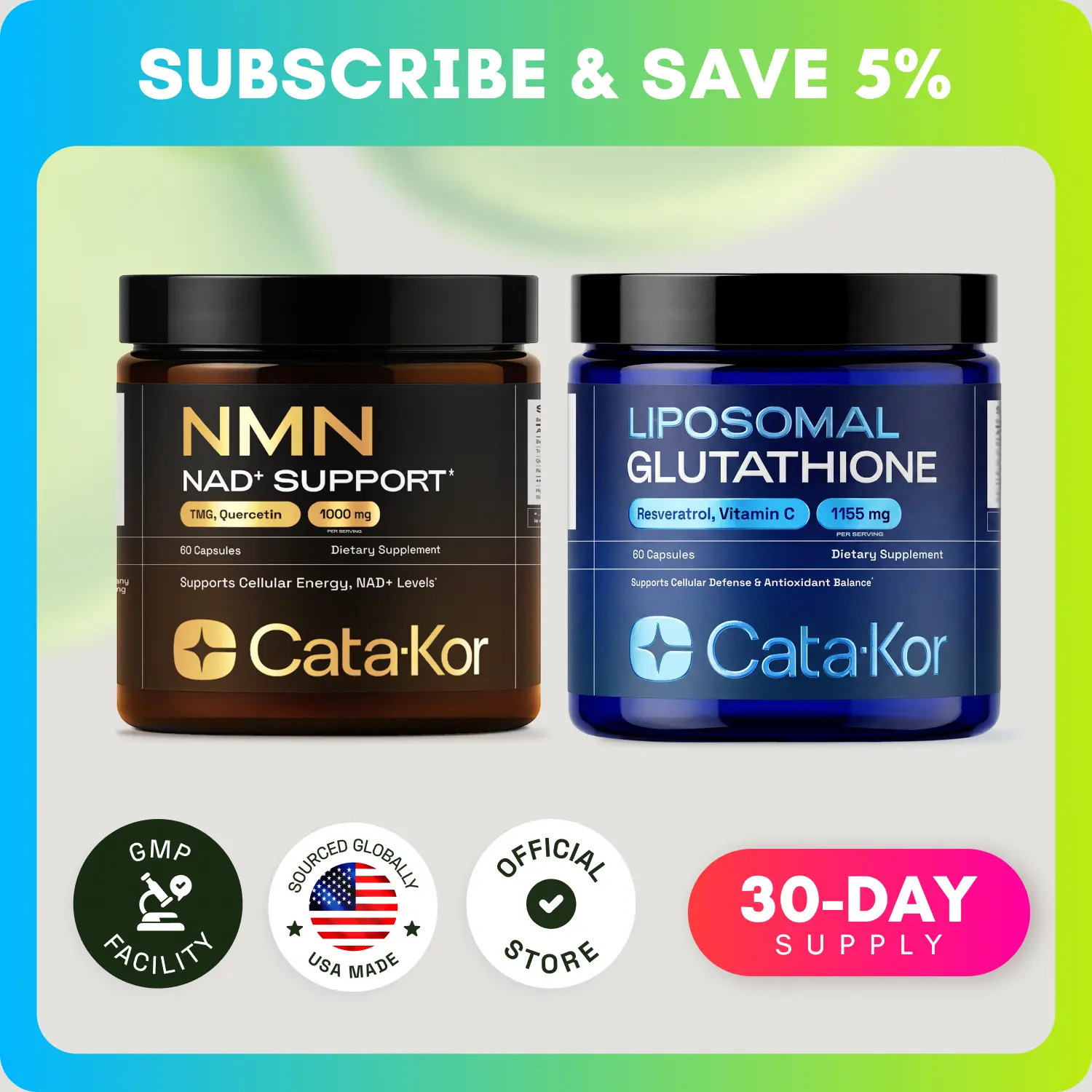 Cata-Kor Energy & Defense DUO - NMN 1,000 mg, Liposomal Glutathione 500 mg, Vitamin C, TMG, Resveratrol Daily Dietary Supplement Comprehensive Nutrition Supplement