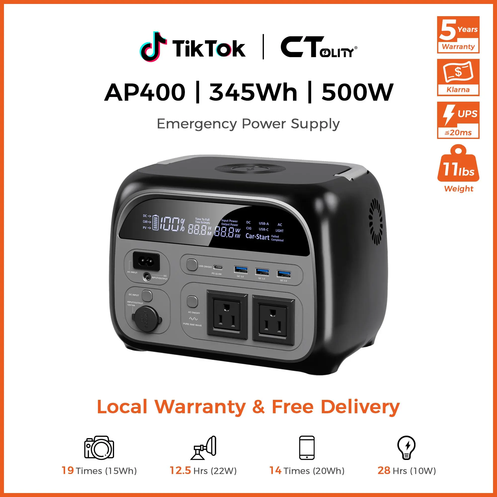 [TikTokShopBackToSchool]CTOLITY 500W 345Wh Camping Power Station Powerbank Emergency Supply Backup LiFePO4 Battery Portable Power Station Solar Generator Free Energy Travel RVs Emergencies Gas Generator Alternative Charging Rechargeable