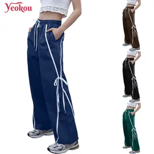 Yeokou Women's Basic High-Waisted Wide-Leg Bottoms - Multi-Color Pants with Crisscross Decorative Straps, Stylish Streetwear Casual Trousers