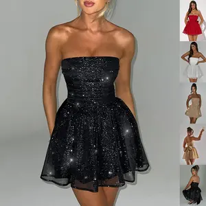 Tube Top Lace Dress With Back Bow-knot Summer Fashion Temperament Mesh Stitching Off-neck Short Skirt Black High Waist Polyester Spandex