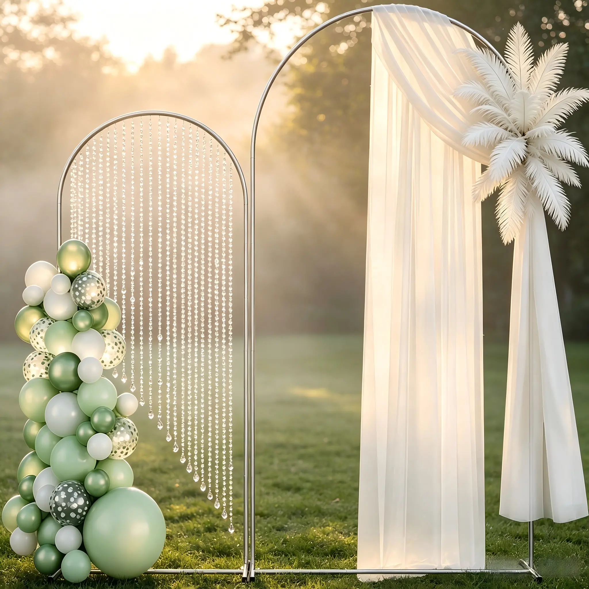 Metal Arch Backdrop Stand Set of 2 | 7.3FT & 6FT Double Curved Wedding Arch Frame, Heavy Duty Metal Balloon Arch Stand for Wedding Ceremony, Baby Shower, Birthday Party, Indoor & Outdoor Graduation Decor, White
