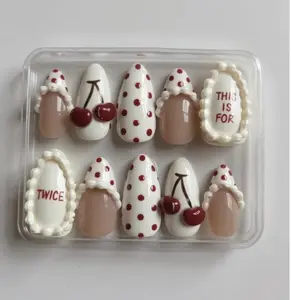 TWICE Cherry K-Pop Press On Nails – Handmade Cute Red Polka Dot Nail Set, TWICE Inspired Nails, Cream Frame Design