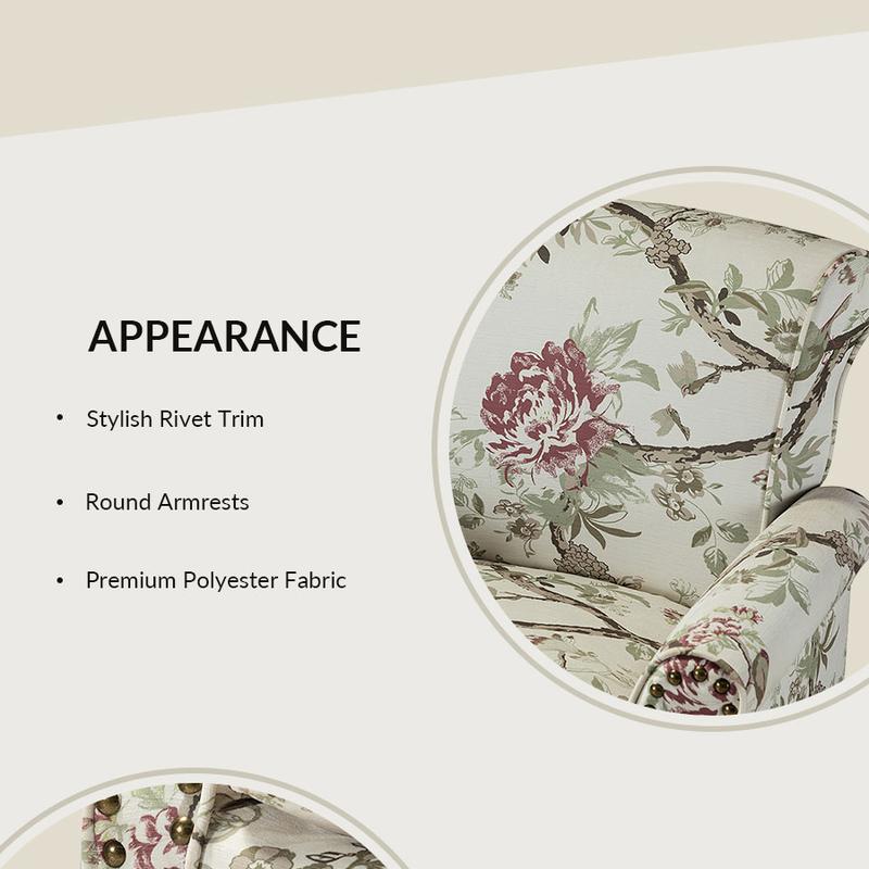 Hulala Artemisa Modern Floral Pattern Upholstered Armchair, Charming accent armchair, Classic rolled arms and seatback, Delicate nailhead trim, Solid wood legs and sturdy wooden frame, Textured polyester upholstery and pocket spring, Contemporary