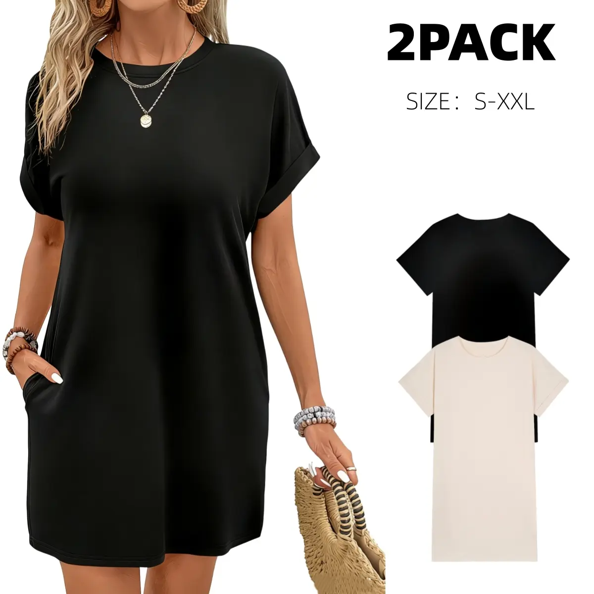 Two-piece short-sleeved T-shirt dress with pockets  casual loose fit,  women's - TikTok Shop
