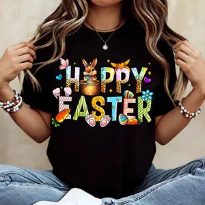 [Graphic T-shirt] [100% Cotton] [Funny T-shirt]Funny Happy Easter Bunny Graphic T-Shirt – Cute Bunny Carrot Egg Design Tee, Vintage Style Unisex Cotton Crew Neck Casual Top, Spring Holiday Outfit Shirt, Trendy Gift for Men Women Frien