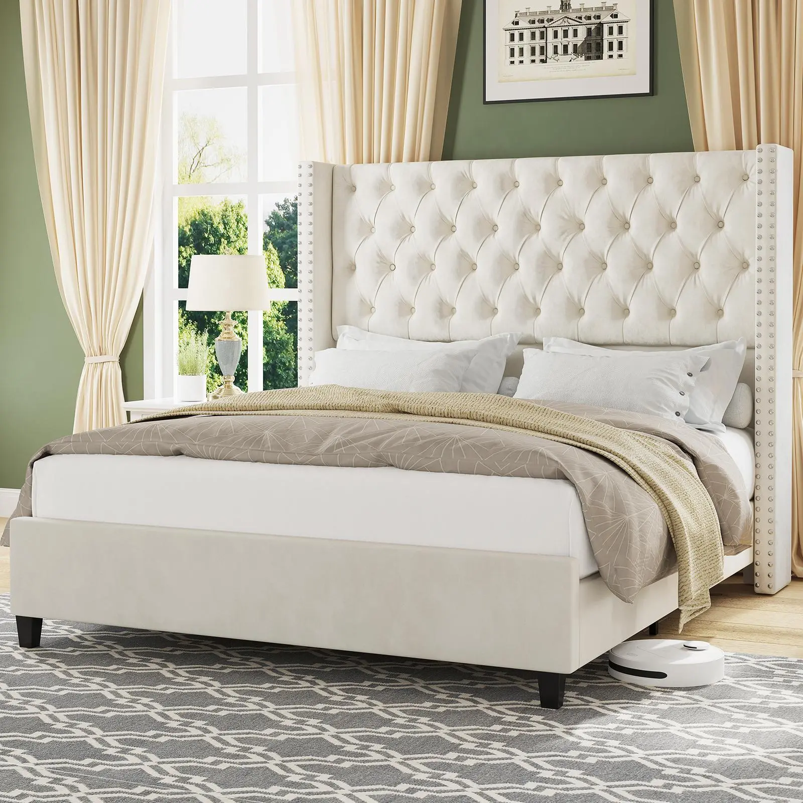 AMERLIFE Modern Bed Frame, Velvet Upholstered Platform Bed with 51.6" Tall Wingback Headboard, Deep Button Tufted, No Box Spring Needed/Sturdy Structure Design/Luxury Furniture Design/Queen/King Size/Christmas Gifts[tiktokshopbacktoschool][SohoChic]