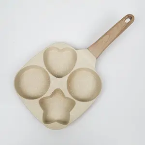 Non-stick egg frying pan, 4-hole Heart-Shaped Pancake Pan with Wooden Handle,Granite-Style Breakfast Skillet, Small Nonstick Pan for Eggs, Omelets, Toast, Pancakes & Crepes, Easy-Clean Multifunctional Kitchen Gadget, Compact Birthday Gift Idea pan