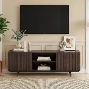 Mid Century Modern Fluted TV Stand for TVs Up to 75", 63" Retro Wood Entertainment Center with Pop-Up Doors & Open Shelf Storage for Living Room or Bedroom
