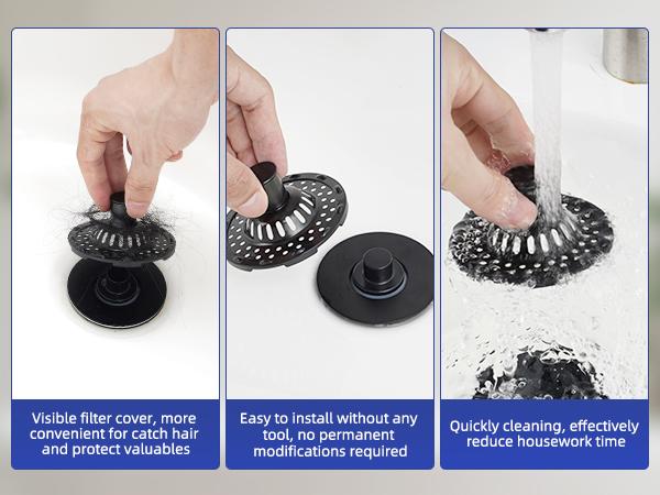 Universal Bathtub Drain Stopper Shower Drain Hair Catcher, Tub Stopper with Visible Top Strainer, Upgraded 3 in 1 Pop-up Drain Plug Fit for 1.5 to 2.4" Hole, Stainless Filter Basket  Matte Black