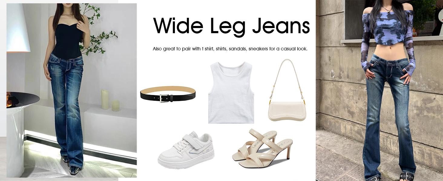 EMMIOL Women’s Y2K Vintage Denim Flare Jeans – Stretch Wide Leg Mid-Low Waist Casual Bootcut Jeans Outfit For Trendy Streetwear