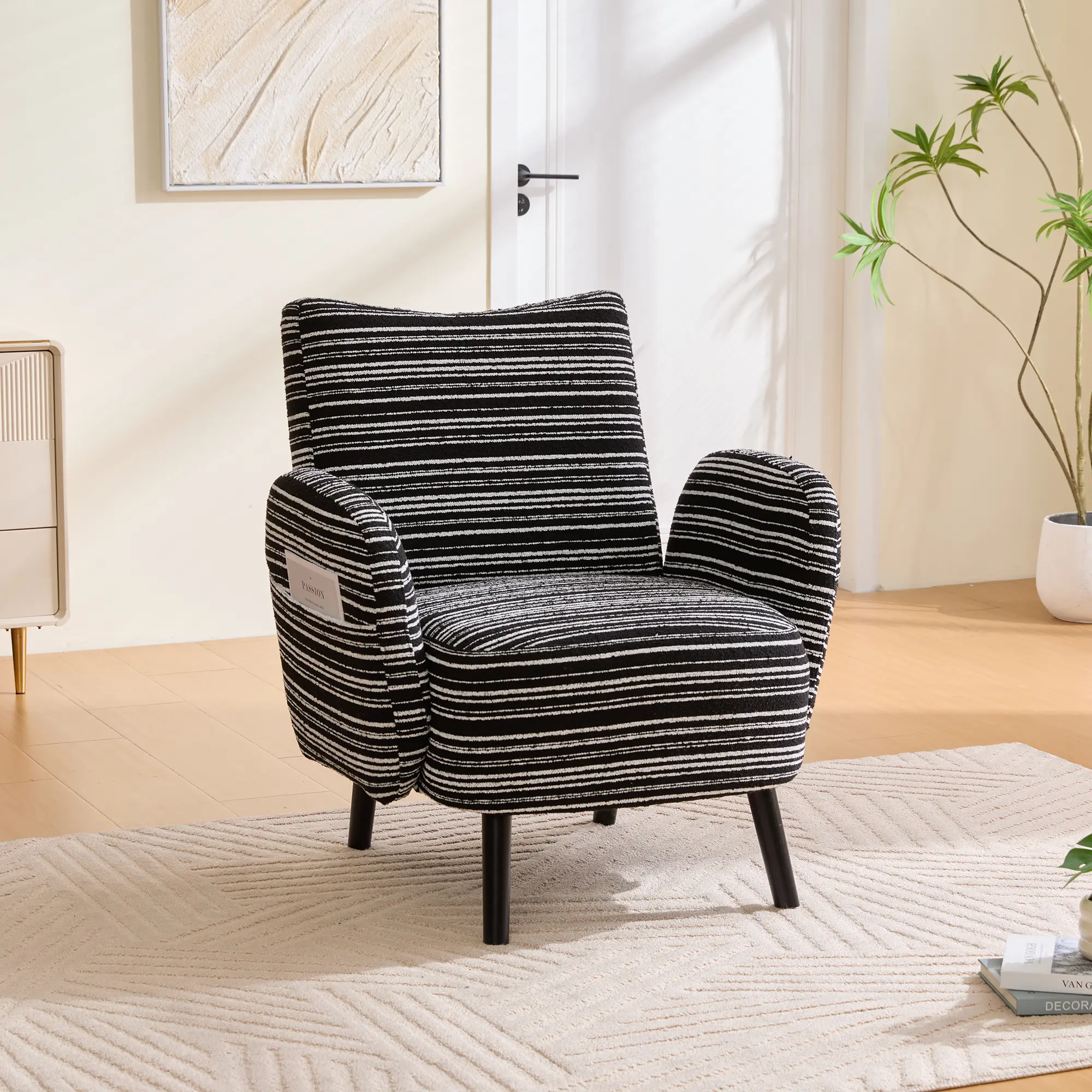 Modern Fixed-Back Armchair with Boucle Fabric, Side Pockets, Solid Wood Legs - Comfortable Modern Chair for Living Room, Bedroom Reading Use, Modern Chairs