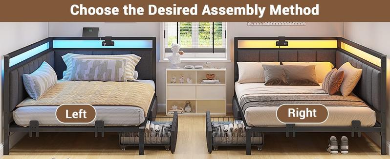 Sikaic LED Daybed with Line Fabric Upholstered Fence and Charging Station Gray Modern Corner Bed Frame with Storage Drawers Kids Bed Unit with LED Light