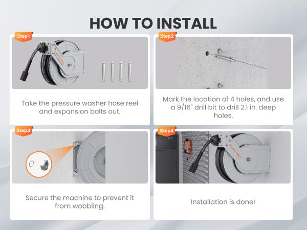 Giraffe Tools Retractable Pressure Hose Reel 4000/3200 PSI Heavy Duty 65ft Retractable Hose for Power Washers Lockable at Any Length Wall Mounted