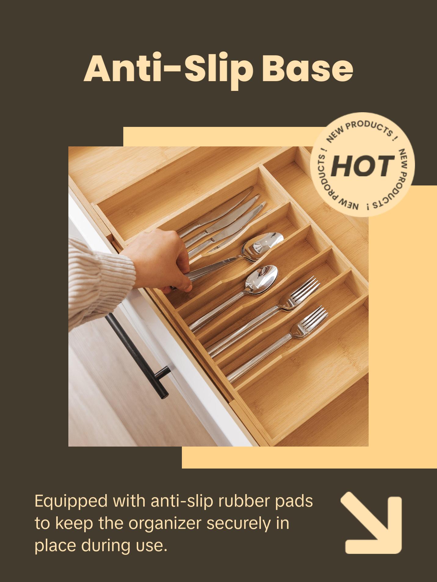 Premium Silverware, Flatware and Utensil Organizer for Kitchen Drawers, Food-Safe Contract Grade, Expandable from 18 to 33 In, Natural Bamboo Boxes Adjustable