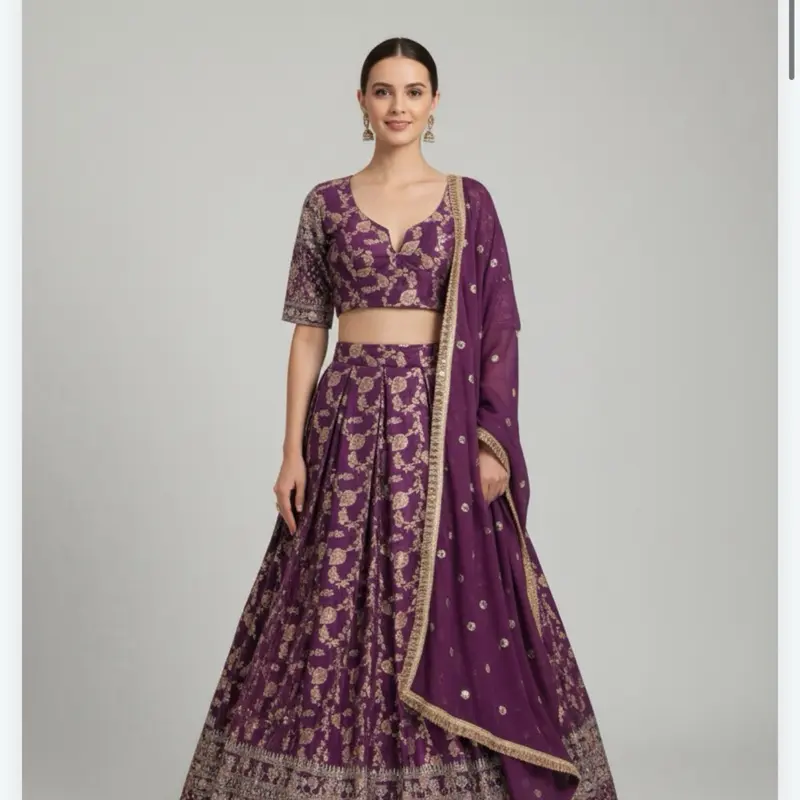 Lady's Traditional Lightweight Jacquard Silk Lehnga Dress Set - Chiffon Dupatta, Kari Embroidery, Statement Formal Wear for Weddings, Festivals, Chiffon Dupatta Flow