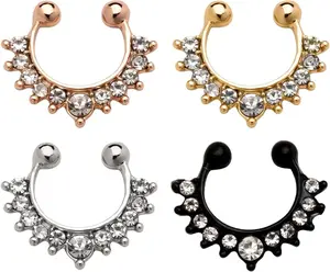 Rose Gold Fake Clip on Nose Rings for Women 4Pcs Silver Rhinestone Nose Hoop Set Non Piercing Nose Stud Cuff Cubic Zirnonia Black Fake Nose Septum Ring for Men Faux Nose Ring Accessories