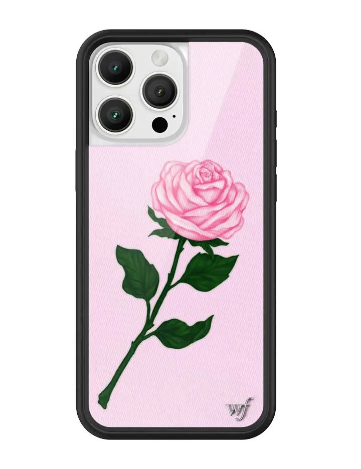 Pink Rose | Limited Edition Trendy iPhone Case | Raised Protective Black Bumper | Women Owned Small Business | Vibrant Pink Rose Dark Green Leaves Baby Pink Background Cute Aesthetic Design | Camera Protectors | Gift for Her
