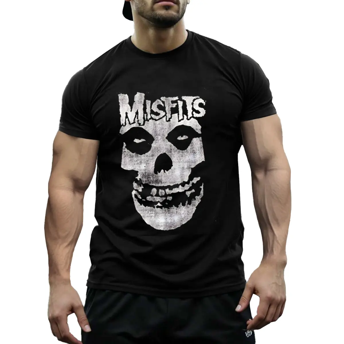 Men's Vintage Misfits Skull Graphic Short-Sleeve T-Shirt - 100% Cotton Menswear Top, Distressed Black Casual Tee with Bold Print, Round Neck, Machine Washable, Washed Comfort