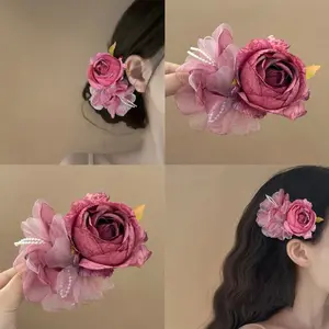 Rose Poet Pearl Bow Flower Hairpin – Elegant Side Claw for Effortless Styling