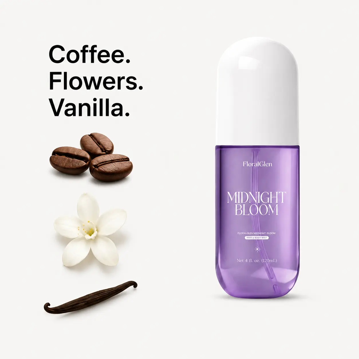 FloralGlen Midnight Bloom Perfume Fragrance Mist for Women, Long-Lasting Warm Gourmand Body & Hair Spray, Coffee, Orange Flower & Vanilla, 4 fl oz
