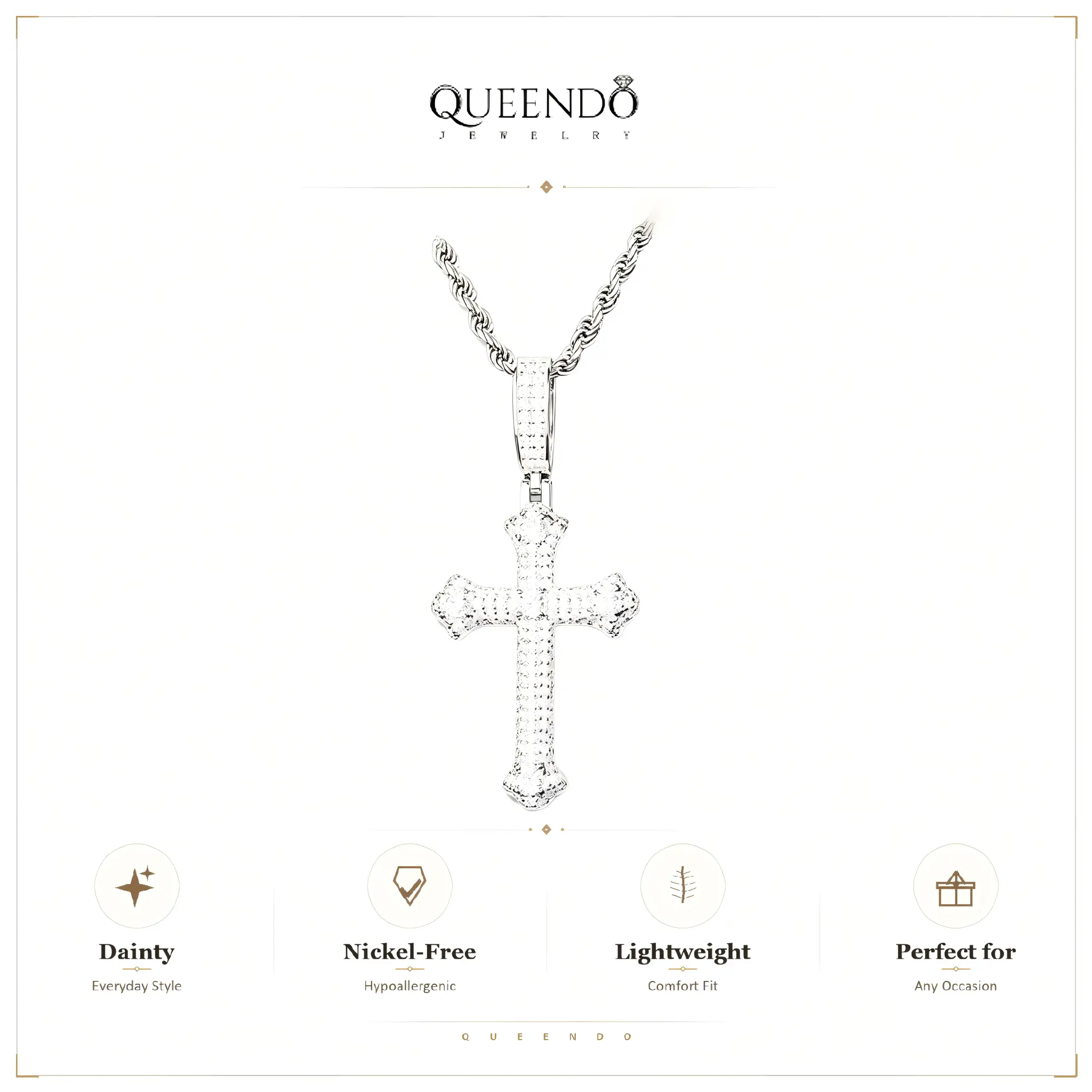 QUEENDO Unisex Iced Out Vintage Cross Pendant Necklace, Cross Shape Full-Paved Shiny Stone Charm with Detachable Bail, 2-Tone Gold-Silver Metal Coating Hip Hop Jewelry for Daily Wear Gift, Cross Necklace, Chain Jewelry Necklaces