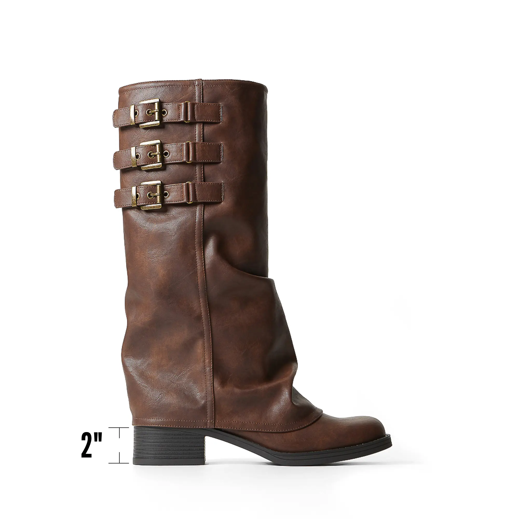JUSTFAB Women's Vintage Moto Slouch Mid-Calf Boots - Triple Buckle Block Heel Eco Leather Riding Shoes for Women, Western OOTD Cowboy Aesthetic Utility Style Statement Shoes for Fall Winter Casual Brown boots for fall Streetwear