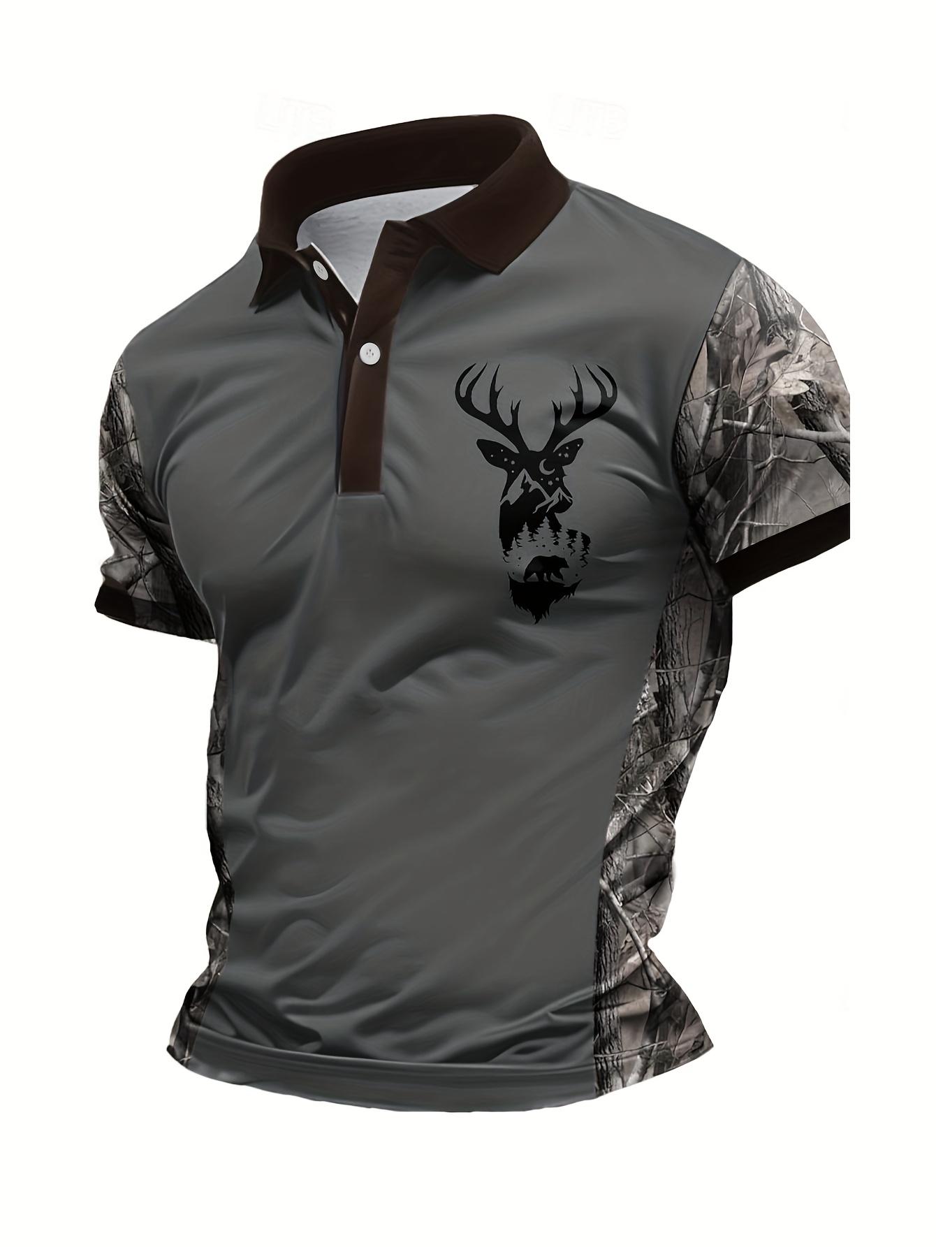 Men's Camouflage Quick Drying Shirt - Casual Outdoor Style, Deer Head Print, Short Sleeve, Button Neck, Summer Hunting and Hiking Clothing, Hiking Equipment Golf Polo Golf Apparel
