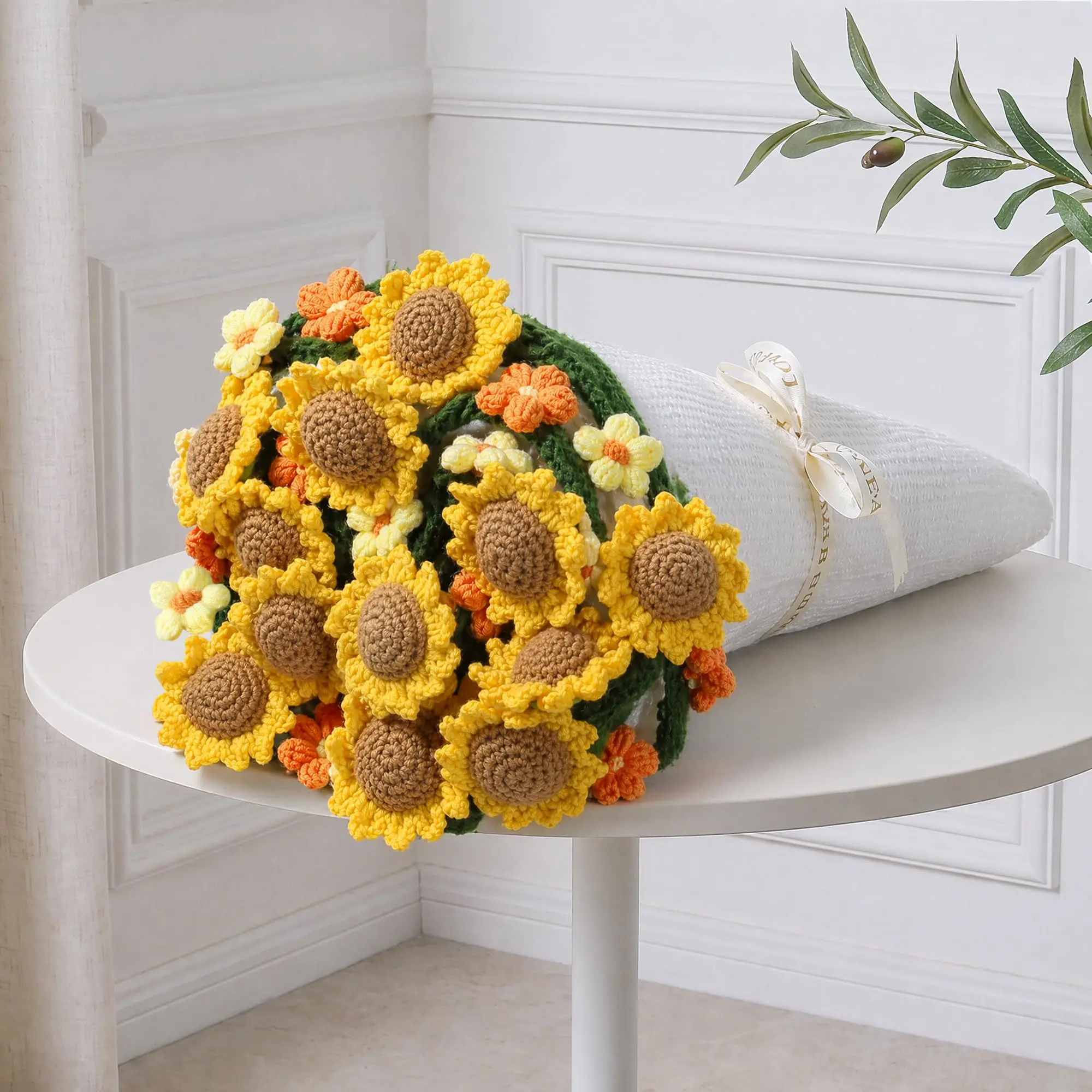 Ivydale Knitted Flower Decorative Sofa Blanket - 43in Handmade Crochet Sunflower Floral Bouquet, Breathable Soft Cozy Chic Room Decor, Heartfelt Gift for Her (Mother’s Day, Birthday) Yellow, Breathable Soft Blanket, Cozy Throw Blankets
