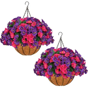 2 Pcs Artificial Morning Glory Hanging Baskets UV Resistant Silk Fake Flowers for Spring Summer Outdoor Porch Patio Balcony Garden Decor